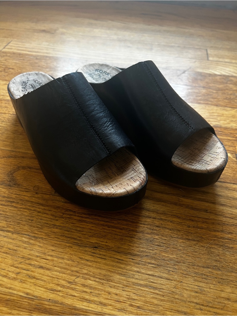 Kork-Ease Black Leather Slide Wedge Mules